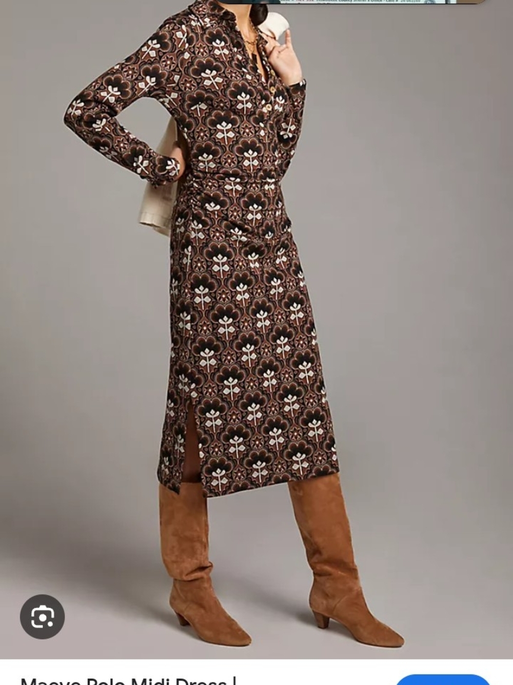 Maeve Anthropologie Brown Floral-Print Retro Inspired Midi Dress